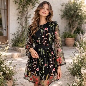 Sheer Black Floral Midi Whimsygoth/Fairy/Y2K/ Dress M SHEIN Embroidered